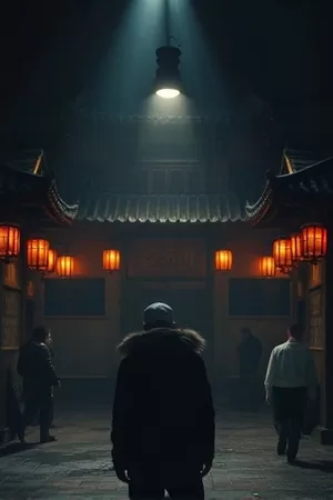 《旧胶片旅馆》竖版海报，老式放映机投出的光柱穿过旅馆走廊